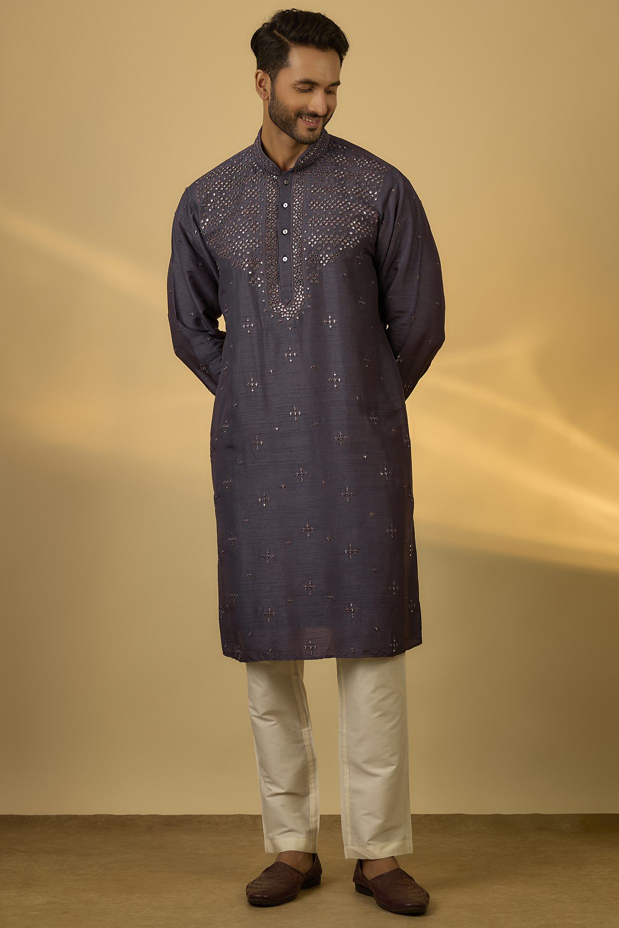Grey Tussar Hand & Machine Embroidered Kurta Set by SAMMOHAN