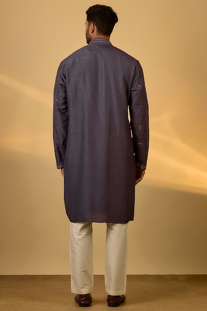 Grey Tussar Hand & Machine Embroidered Kurta Set by SAMMOHAN at Pernia's Pop Up Shop
