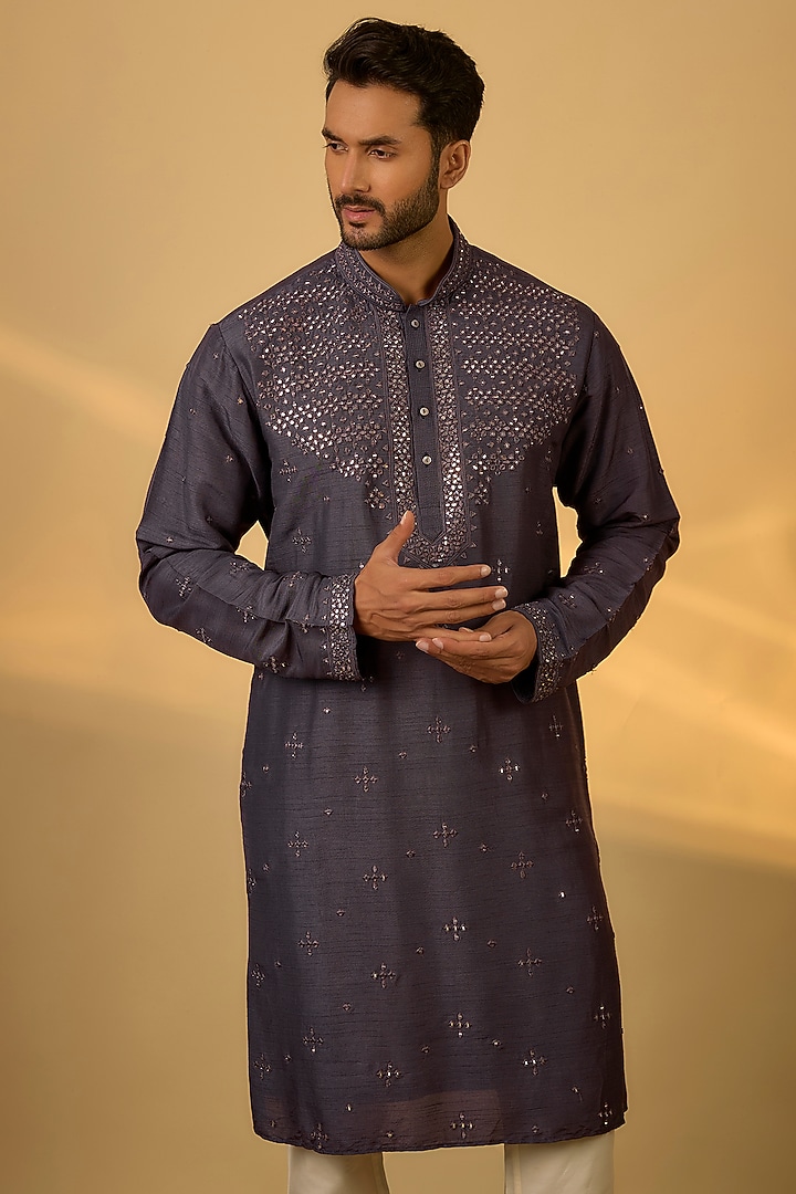 Grey Tussar Hand & Machine Embroidered Kurta Set by SAMMOHAN at Pernia's Pop Up Shop