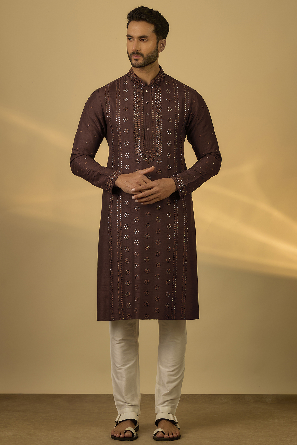 Brown Tussar Hand & Machine Embroidered Kurta Set by SAMMOHAN