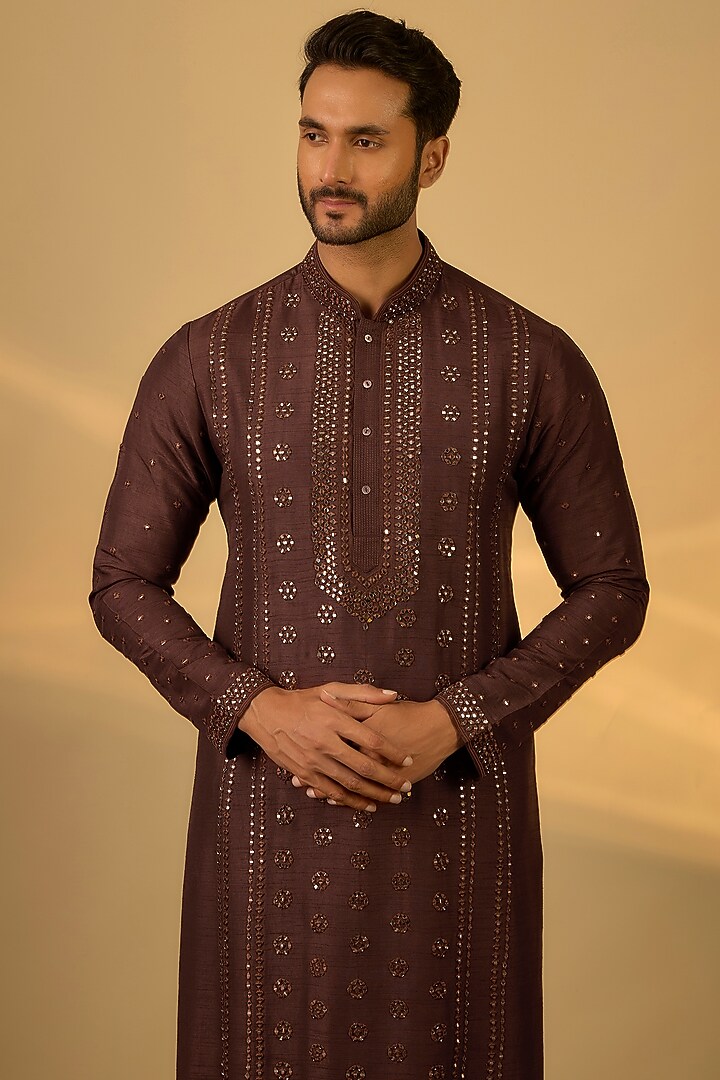 Brown Tussar Hand & Machine Embroidered Kurta Set by SAMMOHAN at Pernia's Pop Up Shop