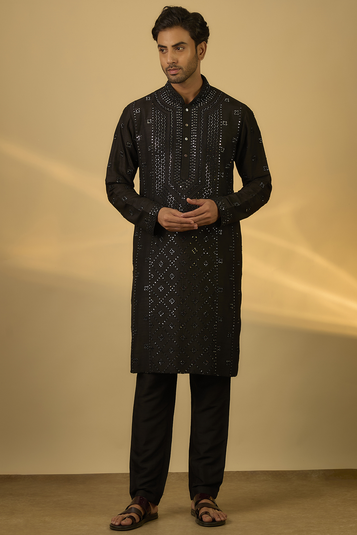 Black Tussar Hand & Machine Embroidered Kurta Set by SAMMOHAN
