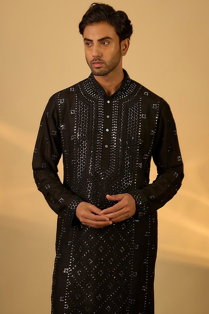 Black Tussar Hand & Machine Embroidered Kurta Set by SAMMOHAN at Pernia's Pop Up Shop