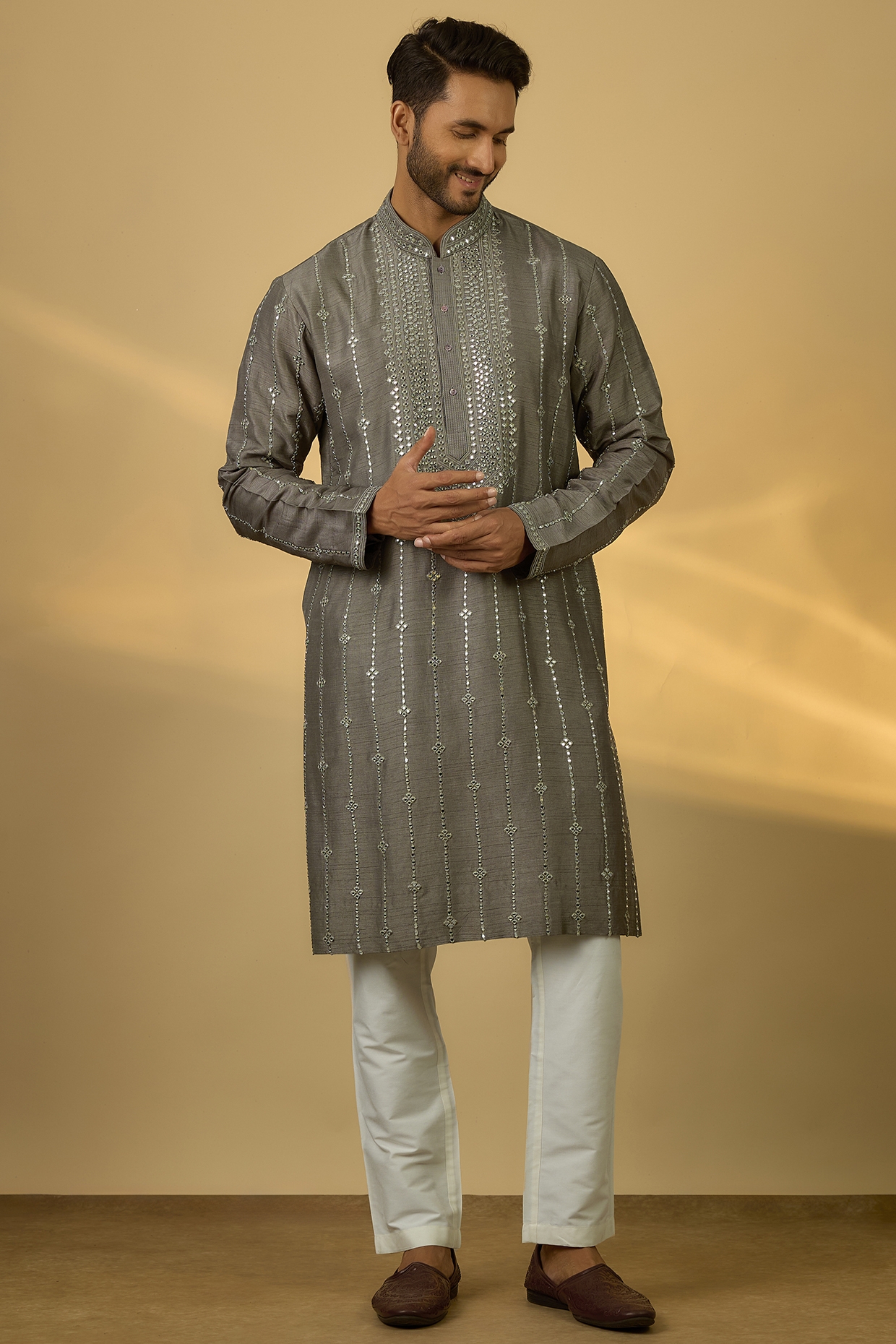 Grey Tussar Hand & Machine Embroidered Kurta Set by SAMMOHAN
