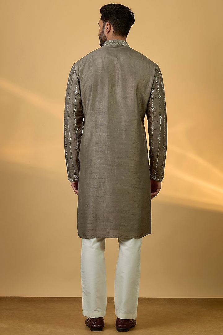 Grey Tussar Hand & Machine Embroidered Kurta Set by SAMMOHAN at Pernia's Pop Up Shop