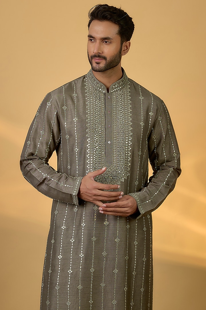 Grey Tussar Hand & Machine Embroidered Kurta Set by SAMMOHAN at Pernia's Pop Up Shop