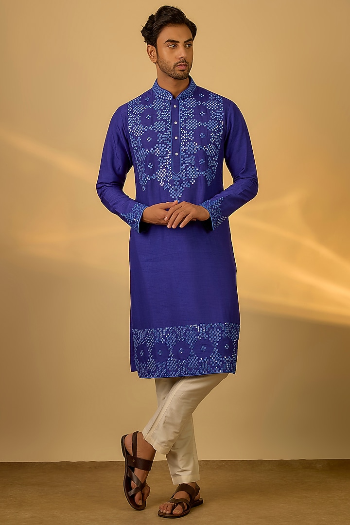 Blue Tussar Mirror Embroidered Kurta Set by SAMMOHAN at Pernia's Pop Up Shop