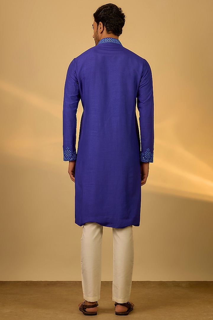 Blue Tussar Mirror Embroidered Kurta Set by SAMMOHAN at Pernia's Pop Up Shop