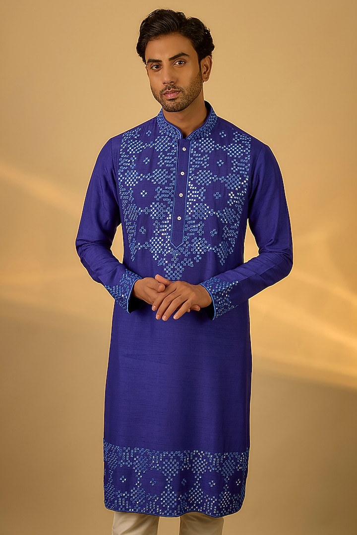 Blue Tussar Mirror Embroidered Kurta Set by SAMMOHAN at Pernia's Pop Up Shop