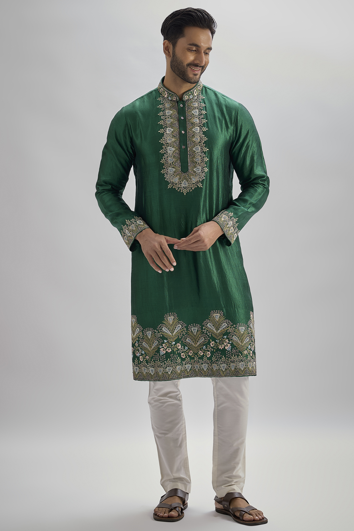 Emerald Green Silk Hand & Machine Embroidered Kurta Set by SAMMOHAN