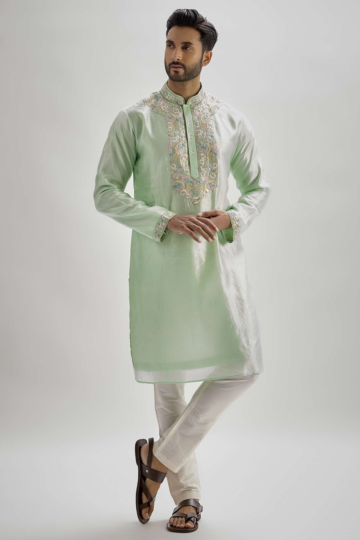 Mint Silk Hand & Machine Embroidered Kurta Set by SAMMOHAN