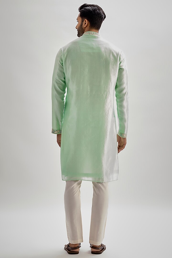 Mint Silk Hand & Machine Embroidered Kurta Set by SAMMOHAN at Pernia's Pop Up Shop