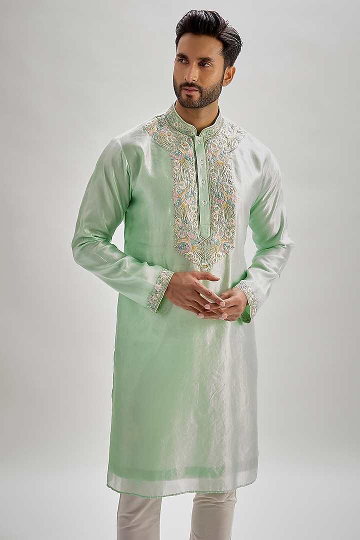 Mint Silk Hand & Machine Embroidered Kurta Set by SAMMOHAN at Pernia's Pop Up Shop