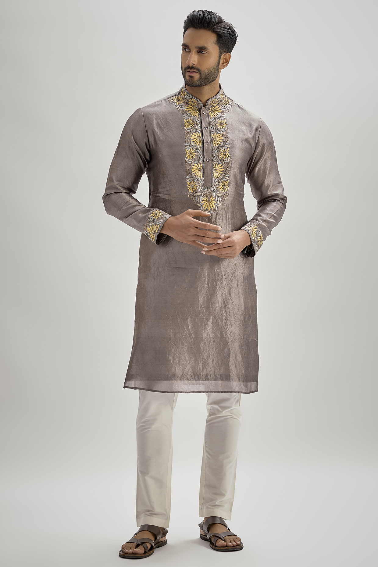 Grey Silk Hand & Machine Embroidered Kurta Set by SAMMOHAN