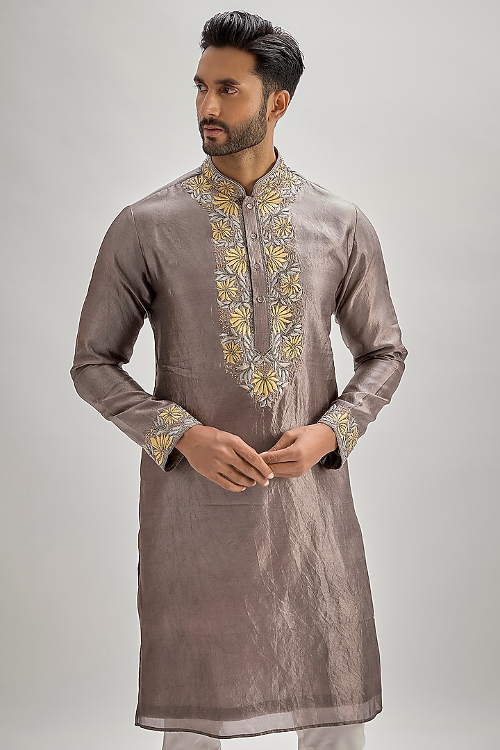 Grey Silk Hand & Machine Embroidered Kurta Set by SAMMOHAN at Pernia's Pop Up Shop