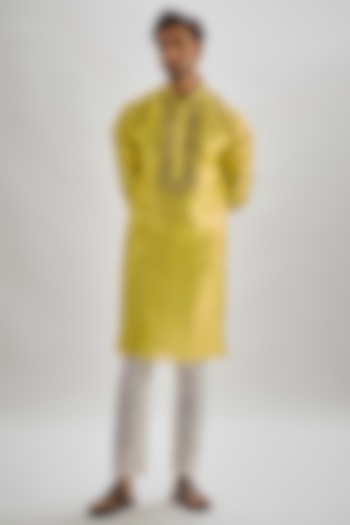 Yellow Silk Hand & Machine Embroidered Kurta Set by SAMMOHAN at Pernia's Pop Up Shop