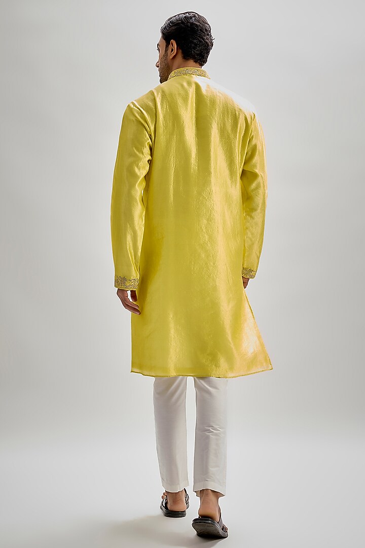 Yellow Silk Hand & Machine Embroidered Kurta Set by SAMMOHAN at Pernia's Pop Up Shop