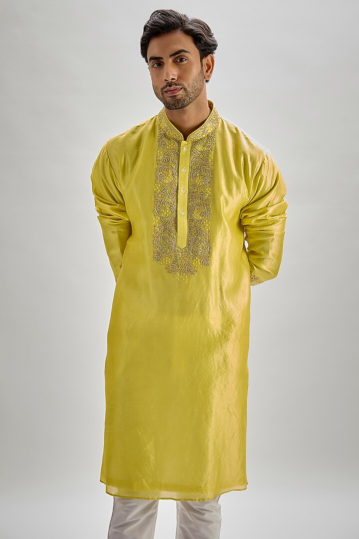 Yellow Silk Hand & Machine Embroidered Kurta Set by SAMMOHAN at Pernia's Pop Up Shop