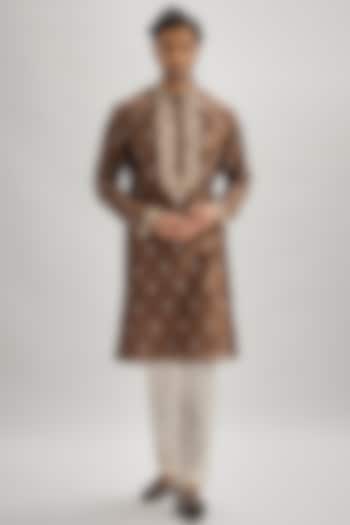 Brown Silk Hand & Machine Embroidered Kurta Set by SAMMOHAN