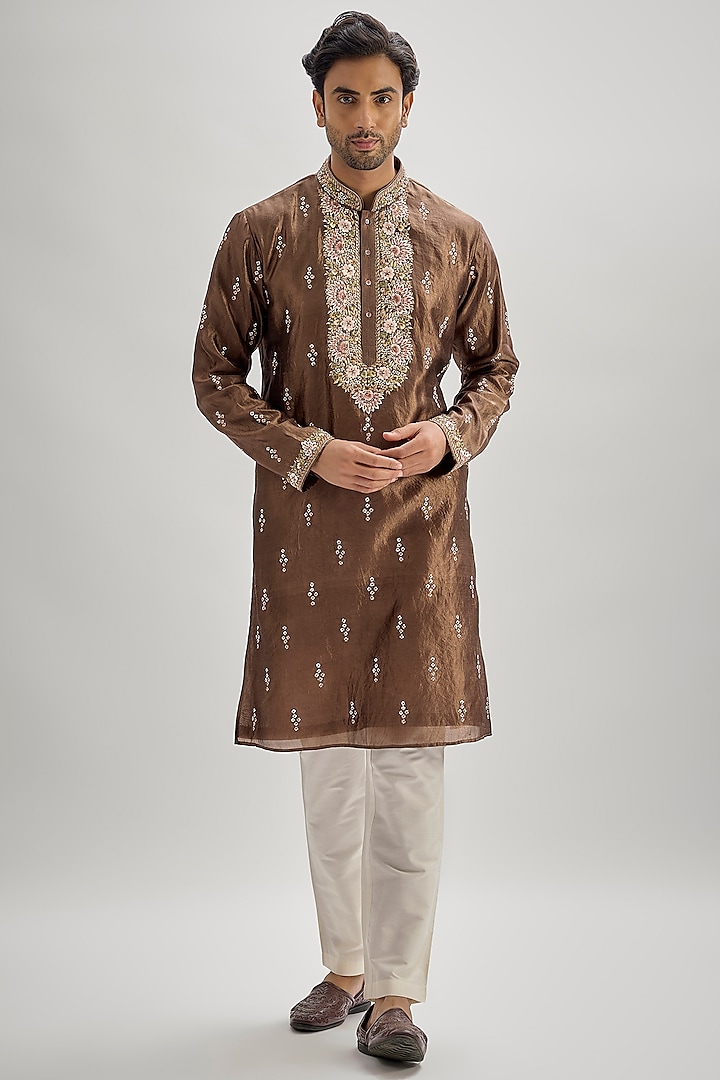 Brown Silk Hand & Machine Embroidered Kurta Set by SAMMOHAN