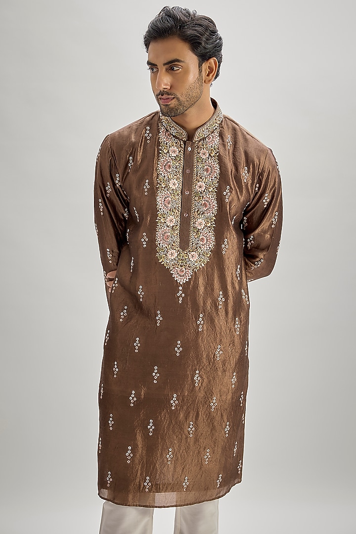 Brown Silk Hand & Machine Embroidered Kurta Set by SAMMOHAN at Pernia's Pop Up Shop