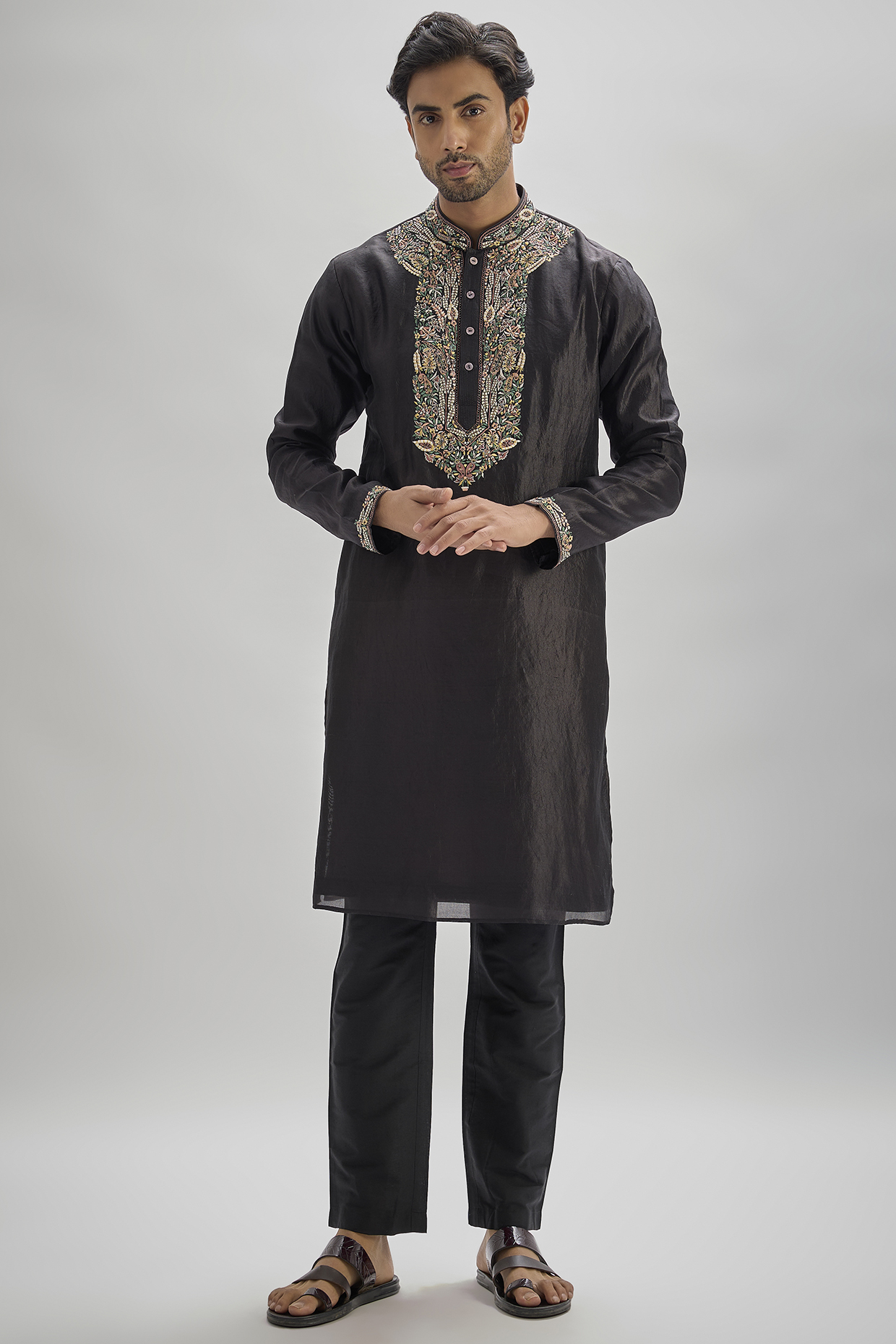 Black Silk Hand & Machine Embroidered Kurta Set by SAMMOHAN