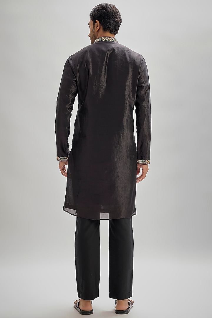 Black Silk Hand & Machine Embroidered Kurta Set by SAMMOHAN at Pernia's Pop Up Shop