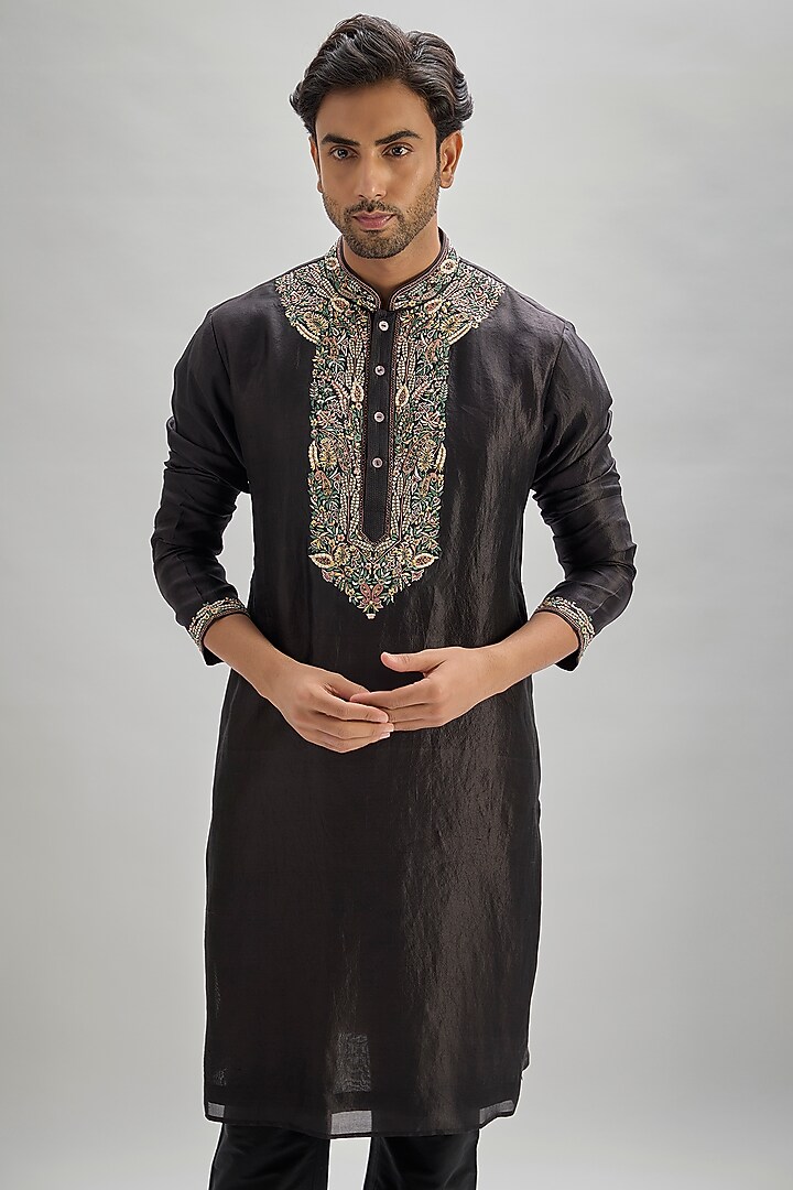 Black Silk Hand & Machine Embroidered Kurta Set by SAMMOHAN at Pernia's Pop Up Shop