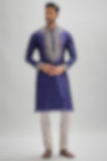 Blue Silk Hand & Machine Embroidered Kurta Set by SAMMOHAN at Pernia's Pop Up Shop