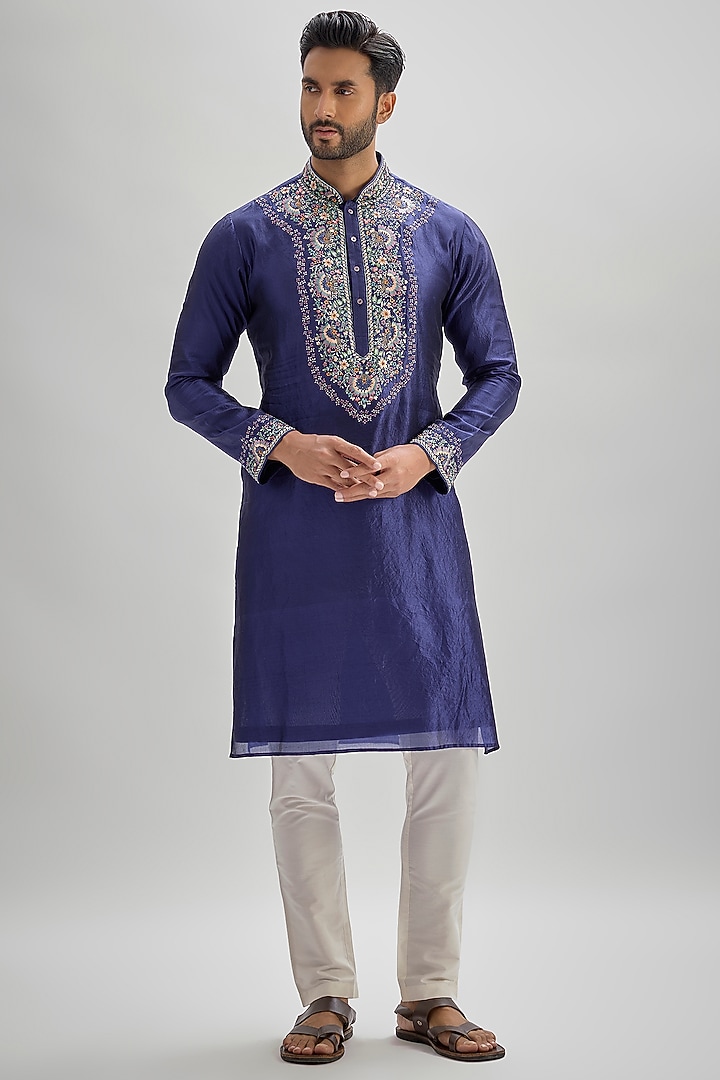 Blue Silk Hand & Machine Embroidered Kurta Set by SAMMOHAN at Pernia's Pop Up Shop