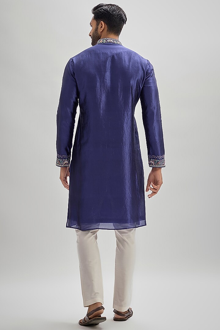 Blue Silk Hand & Machine Embroidered Kurta Set by SAMMOHAN at Pernia's Pop Up Shop
