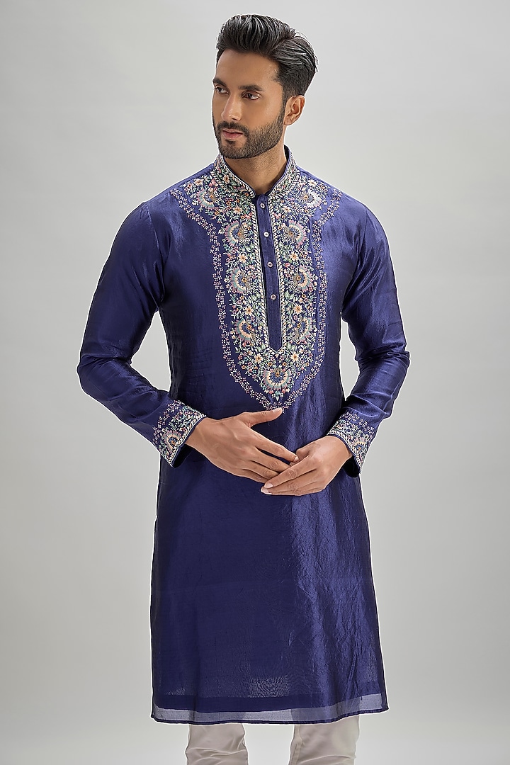 Blue Silk Hand & Machine Embroidered Kurta Set by SAMMOHAN at Pernia's Pop Up Shop