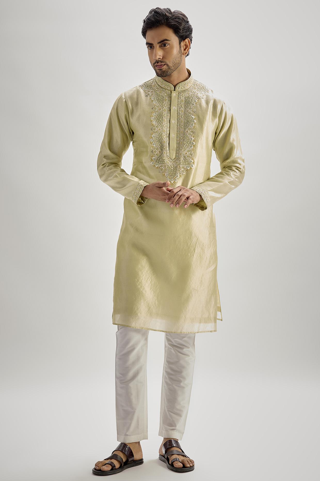 Pista Green Silk Hand & Machine Embroidered Kurta Set by SAMMOHAN