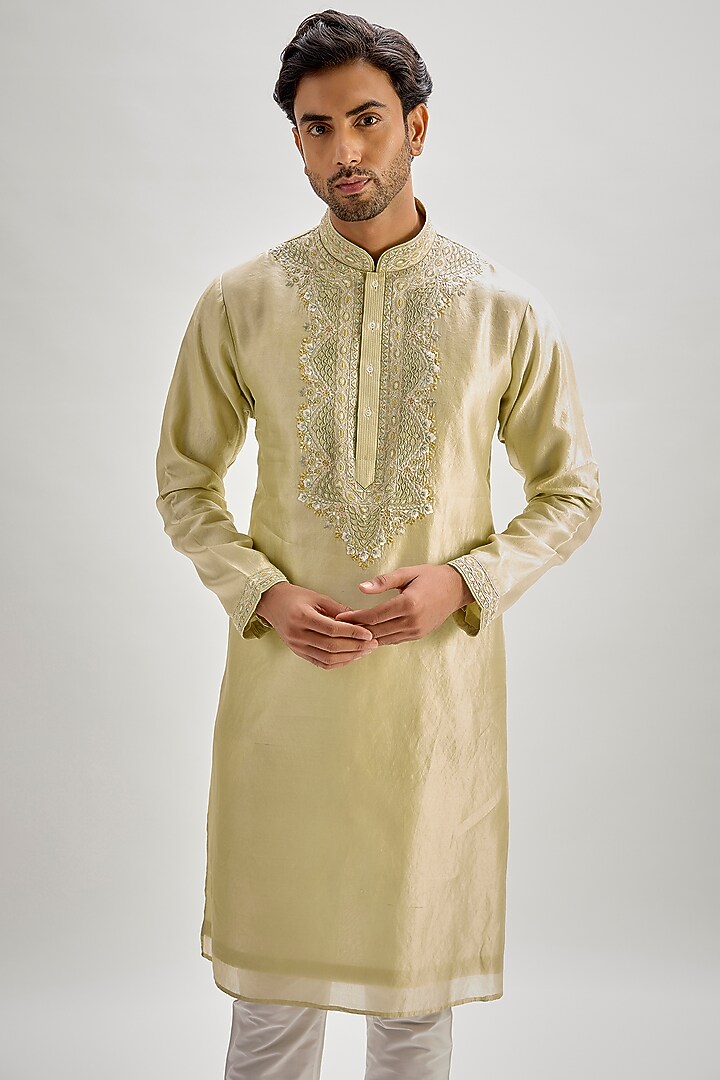 Pista Green Silk Hand & Machine Embroidered Kurta Set by SAMMOHAN at Pernia's Pop Up Shop