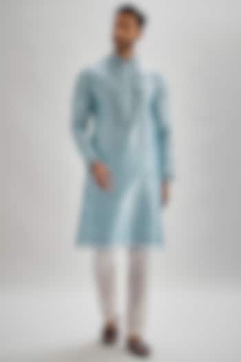 Powder Blue Silk Hand & Machine Embroidered Kurta Set by SAMMOHAN at Pernia's Pop Up Shop