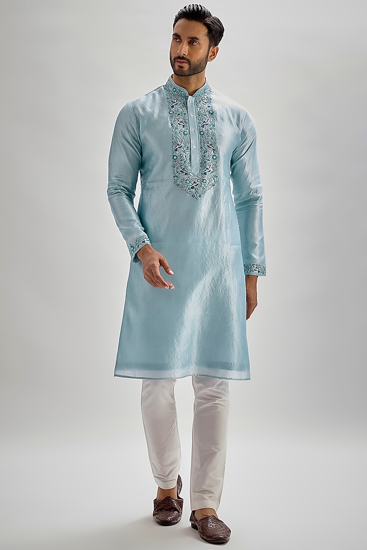 Powder Blue Silk Hand & Machine Embroidered Kurta Set by SAMMOHAN at Pernia's Pop Up Shop