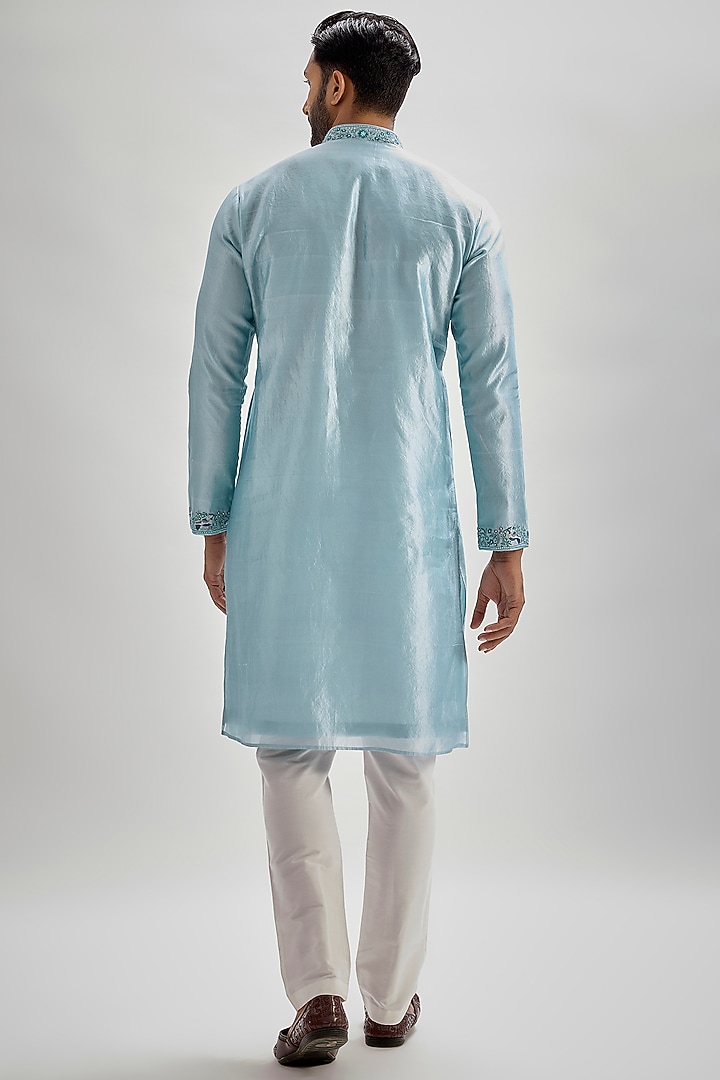Powder Blue Silk Hand & Machine Embroidered Kurta Set by SAMMOHAN at Pernia's Pop Up Shop