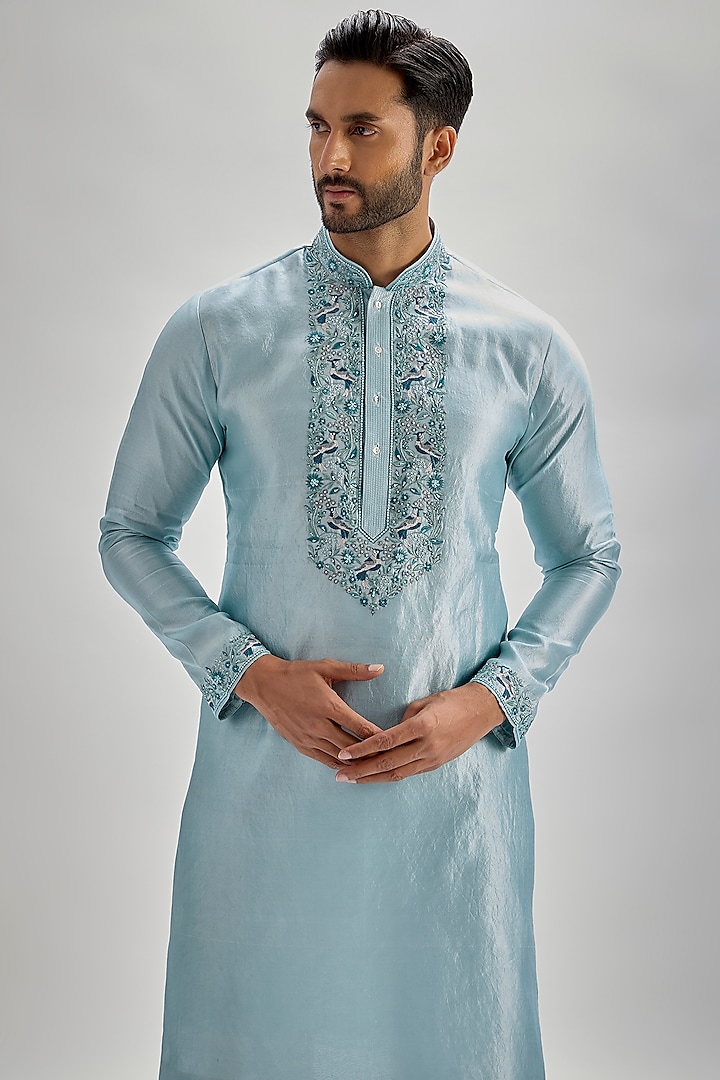 Powder Blue Silk Hand & Machine Embroidered Kurta Set by SAMMOHAN at Pernia's Pop Up Shop