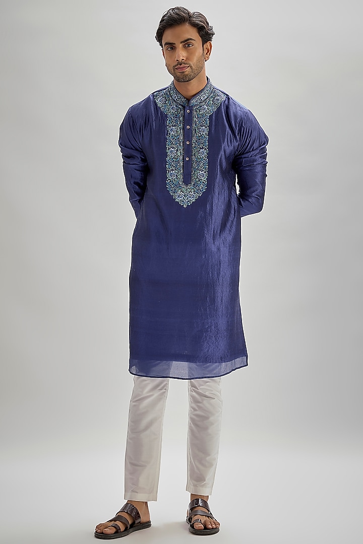 Blue Silk Hand & Machine Embroidered Kurta Set by SAMMOHAN at Pernia's Pop Up Shop