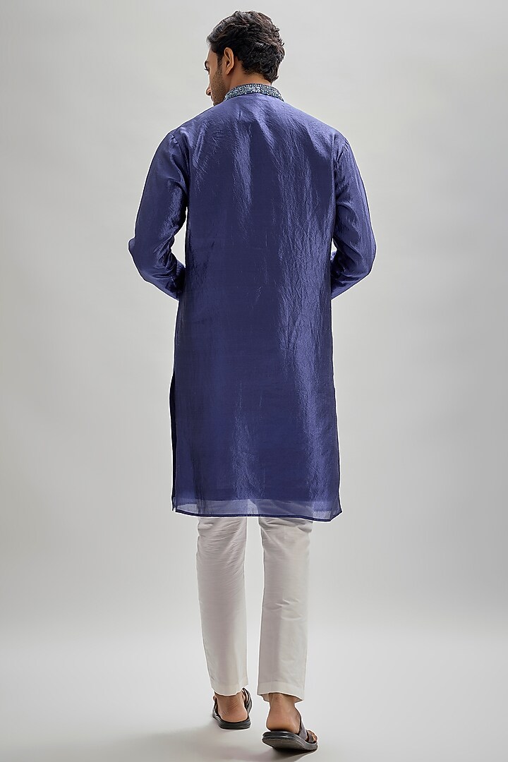 Blue Silk Hand & Machine Embroidered Kurta Set by SAMMOHAN at Pernia's Pop Up Shop