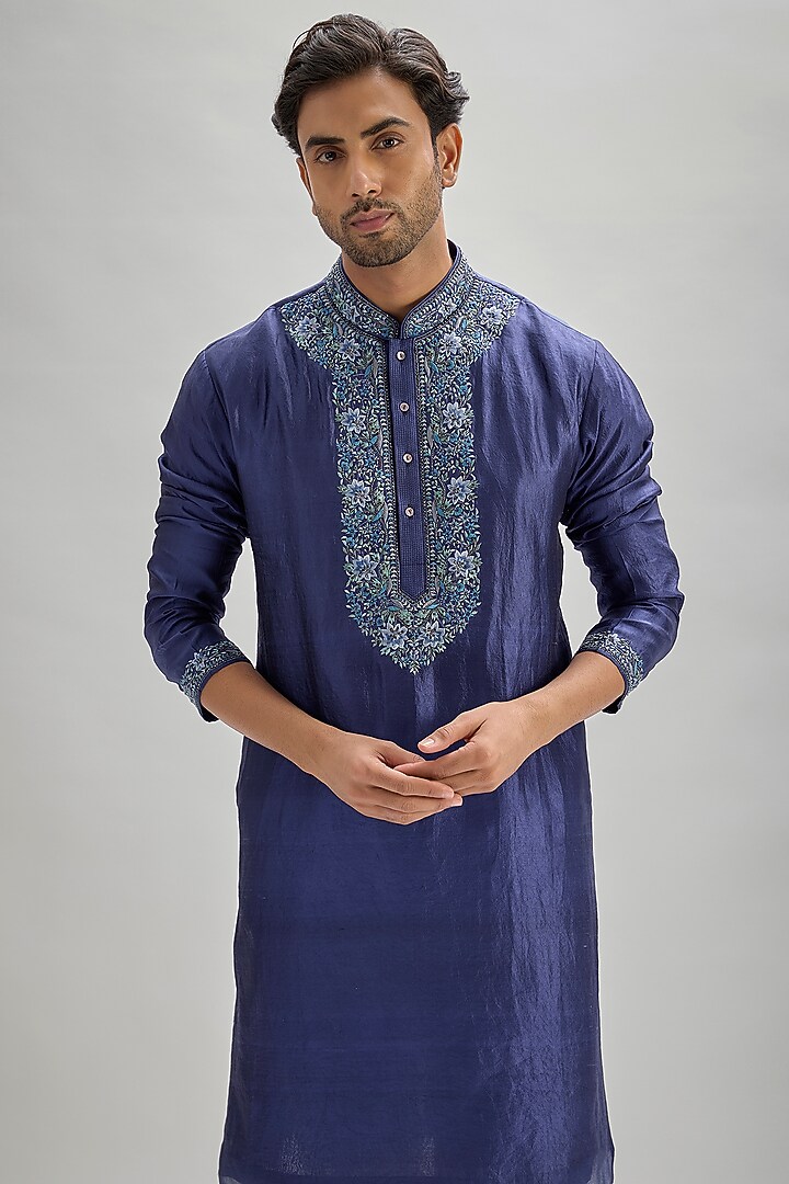 Blue Silk Hand & Machine Embroidered Kurta Set by SAMMOHAN at Pernia's Pop Up Shop