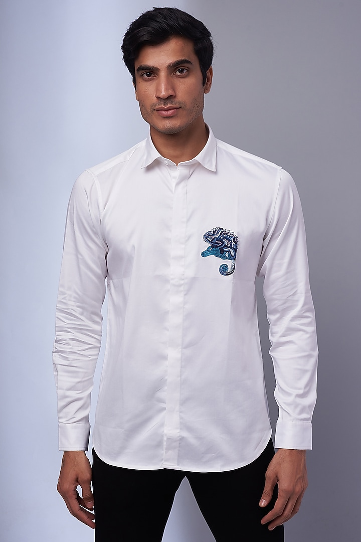 White Cotton & Lycra Embroidered Party Wear Shirt by ALOUKIK at Pernia's Pop Up Shop