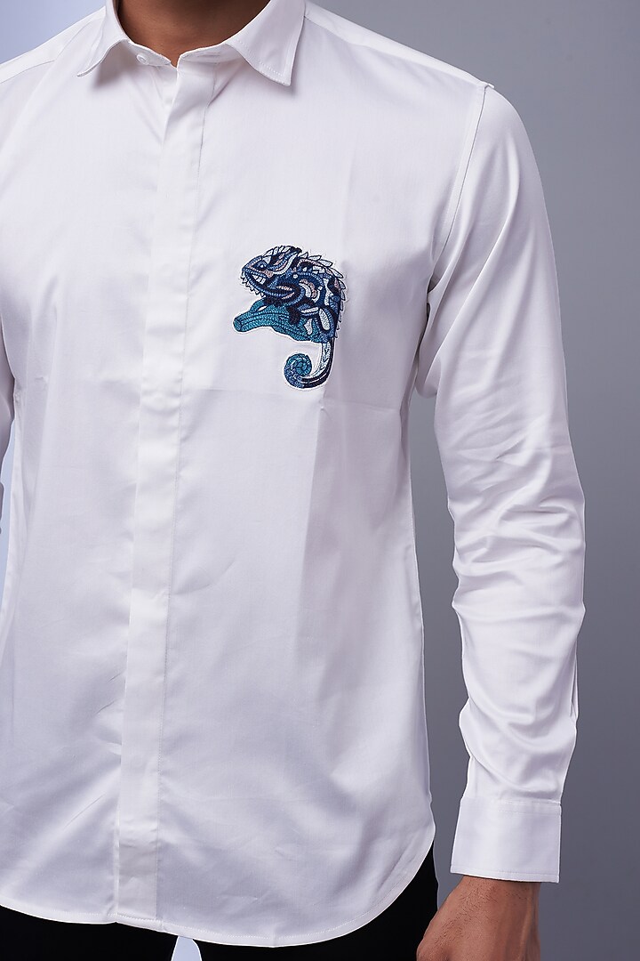 White Cotton & Lycra Embroidered Party Wear Shirt by ALOUKIK at Pernia's Pop Up Shop