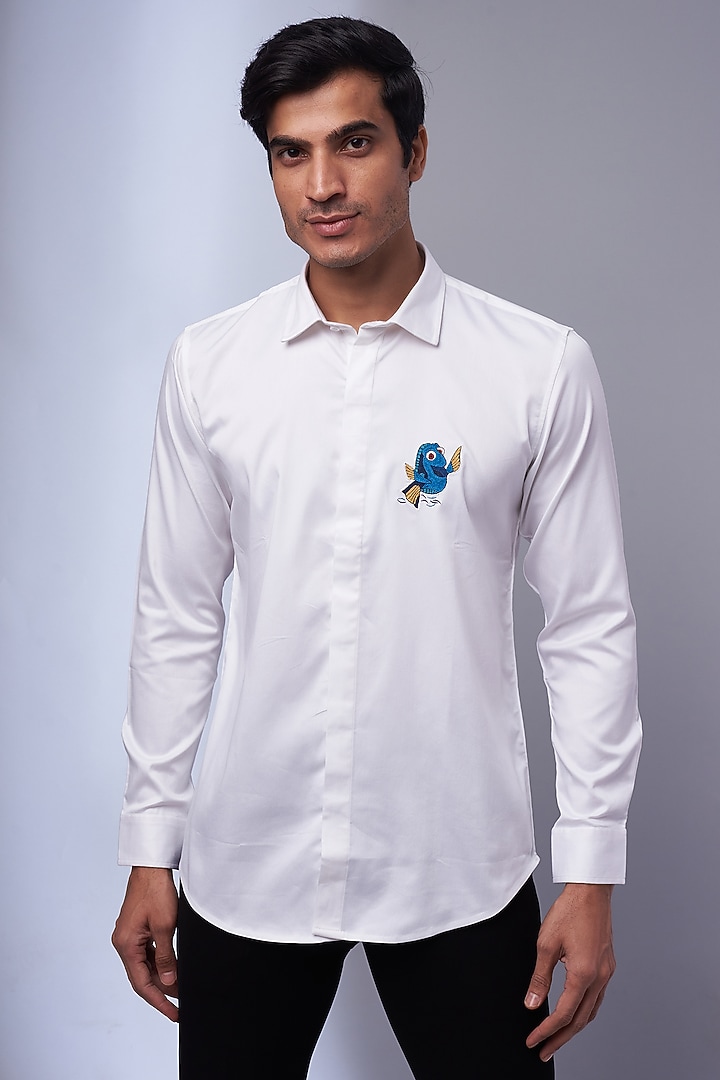 White Cotton & Lycra Embroidered Party Wear Shirt by ALOUKIK at Pernia's Pop Up Shop