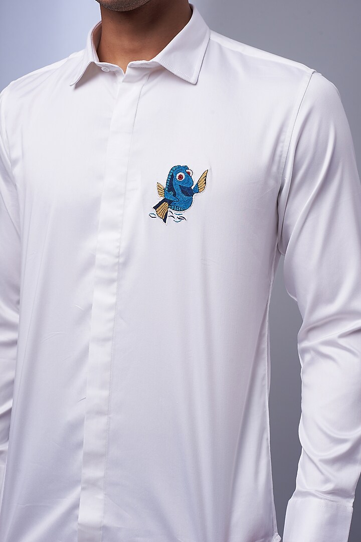 White Cotton & Lycra Embroidered Party Wear Shirt by ALOUKIK at Pernia's Pop Up Shop