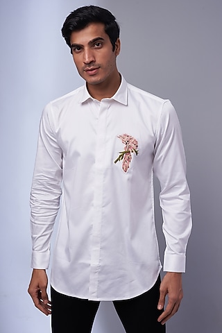 White Cotton & Lycra Embroidered Shirt by ALOUKIK