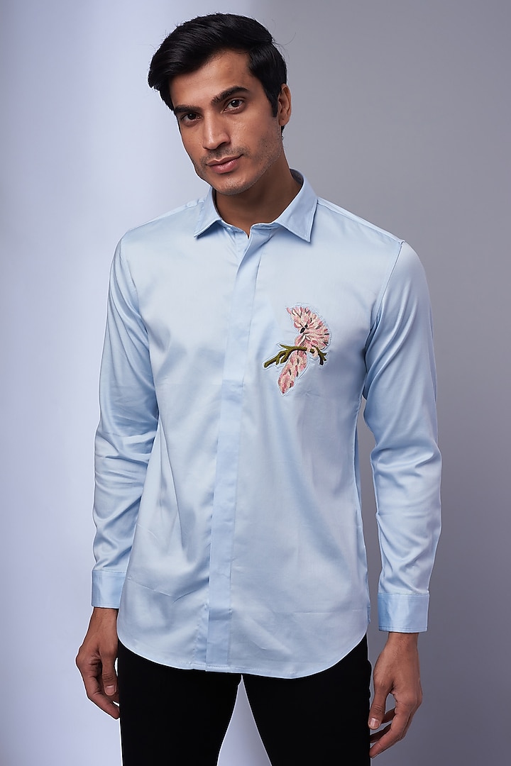 Light Blue Cotton & Lycra Embroidered Shirt by ALOUKIK