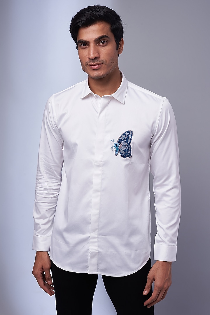 White Cotton & Lycra Embroidered Party Wear Shirt by ALOUKIK at Pernia's Pop Up Shop