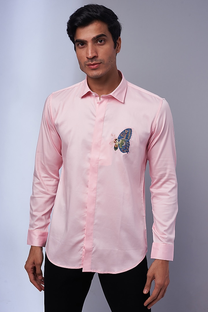 Pink Cotton & Lycra Embroidered Party Wear Shirt by ALOUKIK at Pernia's Pop Up Shop