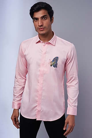 Pink Cotton & Lycra Embroidered Shirt by ALOUKIK
